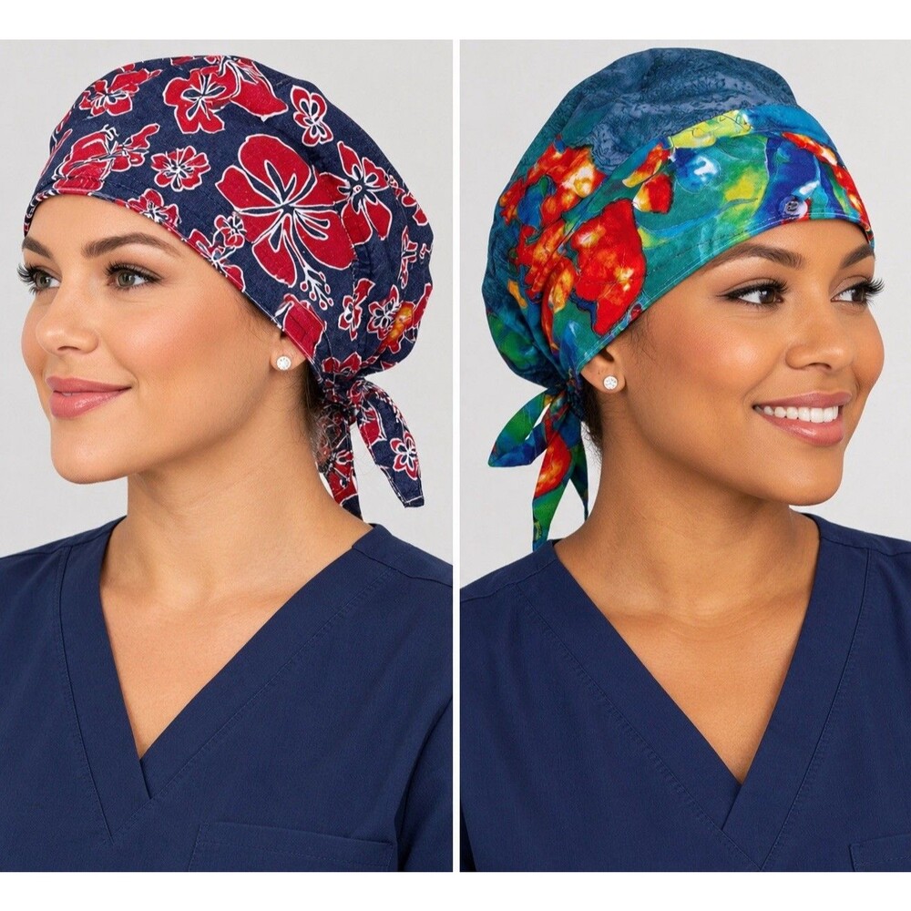 Surgical Scrub Cap Hat 1 W/Buttons Ear Saver Unisex Tie Back Hawaiian Floral